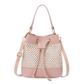 Pink and straw bucket bag with drawstring closure and adjustable strap on white background - Pink
