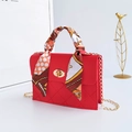 Red quilted crossbody bag with silk scarf handle and golden chain strap for women - Red