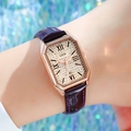Women's luxury rectangular quartz watch with crystal dial and purple leather strap - Rose Gold Case Rose Dial Purple Strap