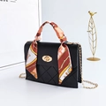 Mini black handbag with silk scarf handle, gold chain strap and diamond lattice pattern - Black
