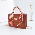 Brown quilted mini handbag with decorative silk scarf handle and golden chain strap - Dark Brown