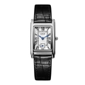 GEDI square quartz watch with silver steel case, black leather strap, and blue hands - Black Strap Silver Case White Dial