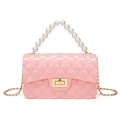 Pink quilted silicone jelly bag with faux pearl handle and gold chain strap - Pink