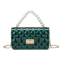 Dark green jelly handbag with rhombus texture, pearl handle and golden chain strap - Dark Green