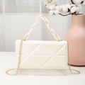 Cream white quilted crossbody bag with chunky chain strap and geometric triangle pattern - White Acrylic