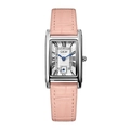 Elegant rectangle quartz watch with white guilloche dial and pink leather strap - Pink Strap Silver Case White Dial