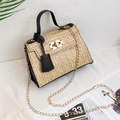 Straw woven handbag in beige and black with gold chain strap and metal clasp - Black
