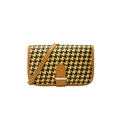 Chic houndstooth plaid crossbody bag with brown leather trim and golden metal clasp - Yellow