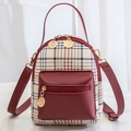 Mochila mini en cuero sintético rojo oscuro y tela de cuadros beige elegante - Burdeos