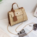 Beige straw Kelly bag with brown faux leather trim and golden chain strap for summer - Brown