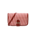 Red and white houndstooth pattern crossbody bag with red leather trim and gold buckle - Red
