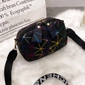 Black crossbody camera bag with rainbow geometric grid and jacquard letter strap - Black