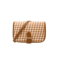 Houndstooth crossbody bag in brown and white fabric with elegant faux leather trim - Brown
