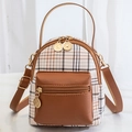 Mini mochila de mujer a cuadros beige y marrón con correas de cuero ajustables - Marrón