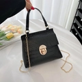 Black crocodile-embossed mini handbag featuring a gold lock and detachable chain strap - Black Crocodile Pattern