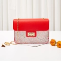 Red leather and colorful sequin flap crossbody bag with golden chain and twist lock - Red