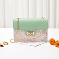 Mint green sequin square bag with gold chain and sparkling star glitters - Green