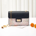 Colorful sequin shoulder bag with black leather and golden chain strap for women - Black