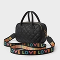 Black quilted handbag with rhombs pattern and colorful LOVE letter woven strap - Black
