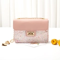 Pink patchwork sequin chain bag for women with golden glitter stars and moon patterns - Pink