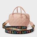 Pink quilted crossbody bag with textured faux leather and colorful rainbow LOVE strap - Pink