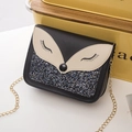 Mini fox design chain crossbody bag with black faux leather and blue sequin finish - Black