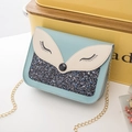 Sparkly light blue mini sequin chain crossbody bag with cute animal face design - Blue