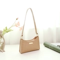 Light brown quilted shoulder bag with a gold metal plaque in a stylish minimal setting - Brown