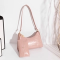 Pink crocodile pattern underarm bag set with matching pouch and golden hardware - Pink