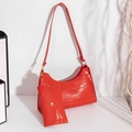 Red crocodile embossed baguette bag with small coin pouch and gold hardware accents - Red
