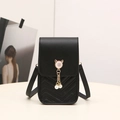 Black mini crossbody phone bag featuring chevron stitching and a cat pearl pendant - Black