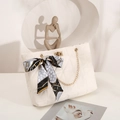 Quilted white chain tote bag with elegant floral scarf and golden metal twist lock - White