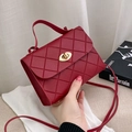 Red quilted faux leather square crossbody bag with gold metal twist lock and top handle - Burgundy