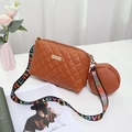 Brown quilted crossbody bag set with patterned strap and small round pouch - Brown