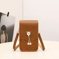 Brown faux leather mini shoulder bag with V-quilt pattern and cat-shaped pearl buckle - Brown