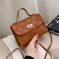 Brown quilted crossbody flap bag for women featuring golden twist lock and top handle - Brown