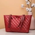 Red quilted faux leather tote bag with embroidery and magnetic buckle for women - Red