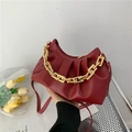Red pleated dumpling bag with gold chain strap and adjustable leather crossbody strap - Red