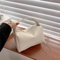 Cream white pillow bag with litchi texture and golden chain strap on wooden surface - White