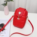Red quilted mini crossbody phone bag with gold cat buckle and pearl charms decoration - Red