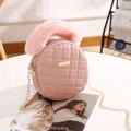 Pink quilted round mini crossbody bag with plush faux fur handle and gold chain strap - Pink