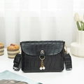 Mini black crocodile pattern square bag with pearl accent and jacquard strap - Black