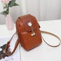 Brown quilted crossbody mobile phone bag with pearl cat pendant and adjustable strap - Coffee