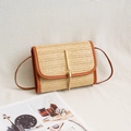 Straw woven crossbody bag with brown leather trim and decorative gold tassel charm - Brown