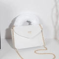 Elegant white PU leather bag with soft faux fur ring handle and gold chain strap - White