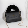 Black mini square crossbody bag with faux fur handle and golden chain strap - Black