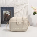 Chic off-white camera bag in lychee texture PU leather with gold clasp and fashion text - Off White