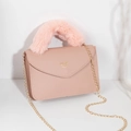 Pink faux leather crossbody bag with light pink plush handle and gold chain strap - Pink