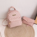 Pink printed mini ladies backpack and envelope pouch set with geometric patterns - Pink