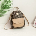 Mini brown canvas lady's backpack with geometric print and beige faux leather flap - Brown